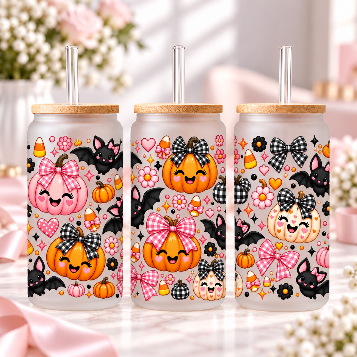 Pink Pumpkin Bows & Bats Halloween Glass Can Tumbler — clear; complementary views of one product