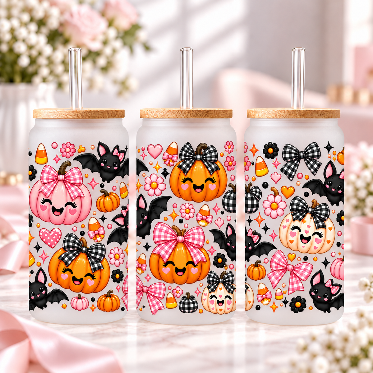Pink Pumpkin Bows & Bats Halloween Glass Can Tumbler — frosted; complementary views of one product