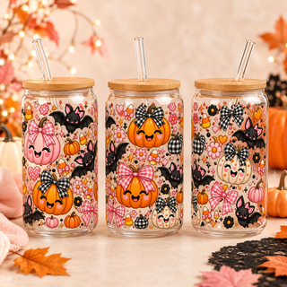Pink Pumpkin Bows & Bats Halloween Glass Can Tumbler – alternate lifestyle view