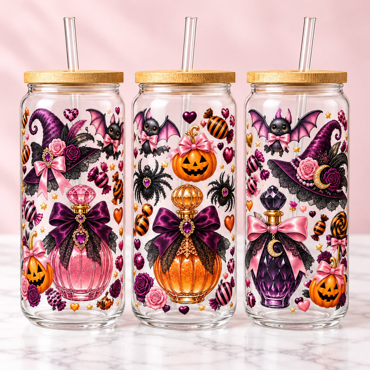 Pink & Purple Gothic Glam Halloween Glass Can Tumbler — clear; complementary views of one product
