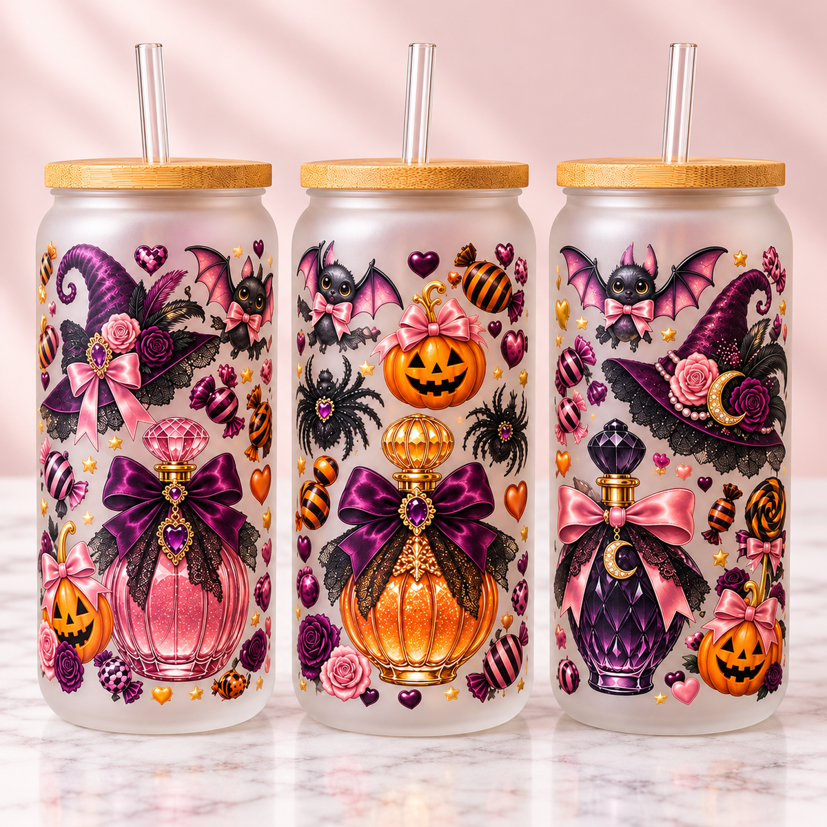 Pink & Purple Gothic Glam Halloween Glass Can Tumbler — frosted; complementary views of one product