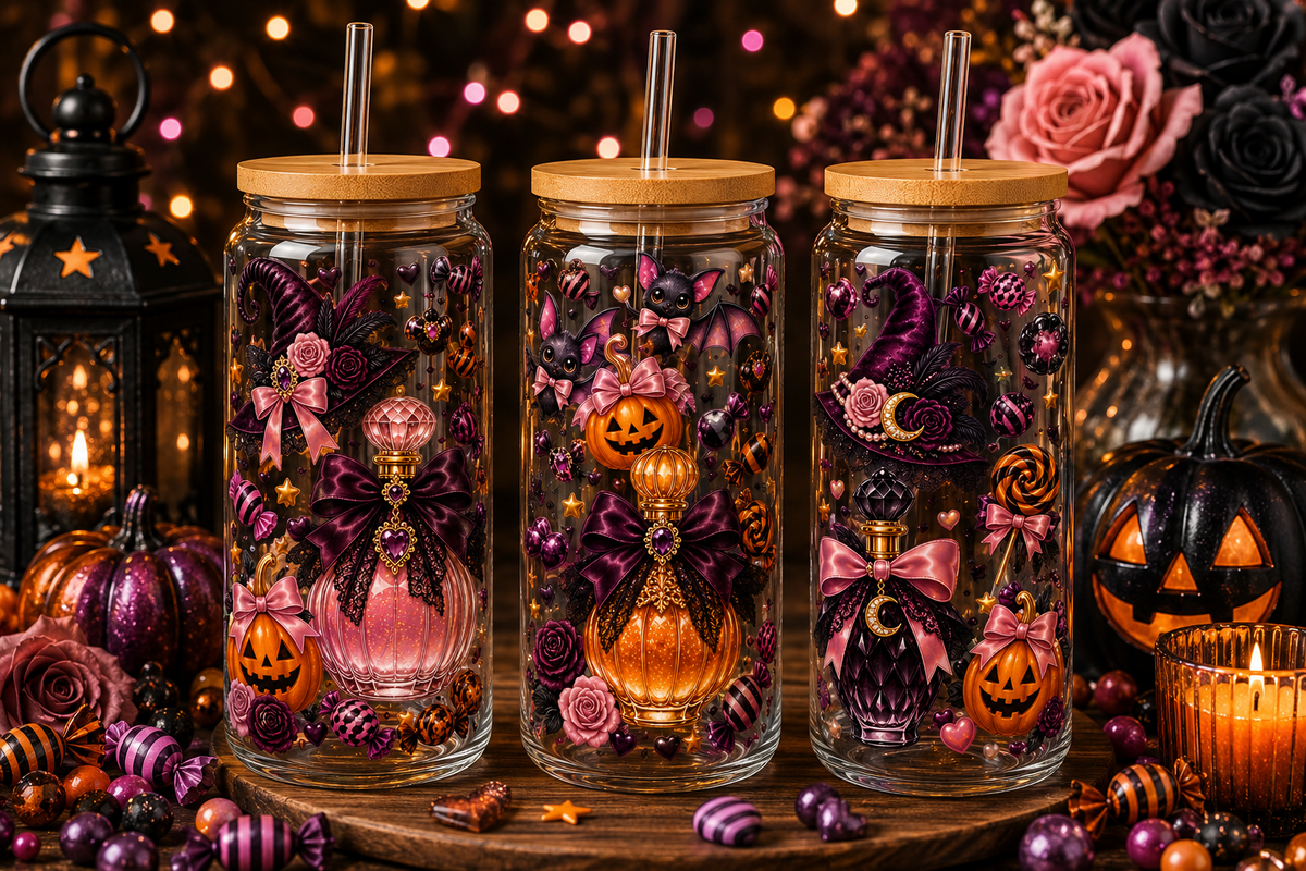 Pink & Purple Gothic Glam Halloween Glass Can Tumbler – alternate lifestyle view