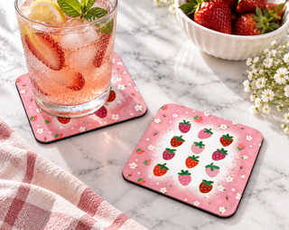 Pink Strawberry Pattern Coaster – Cute Cottagecore Berry Decor soft coaster lifestyle mockup