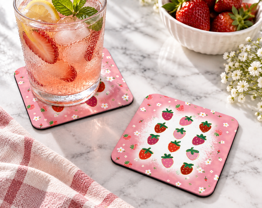 Pink Strawberry Pattern Coaster – Cute Cottagecore Berry Decor