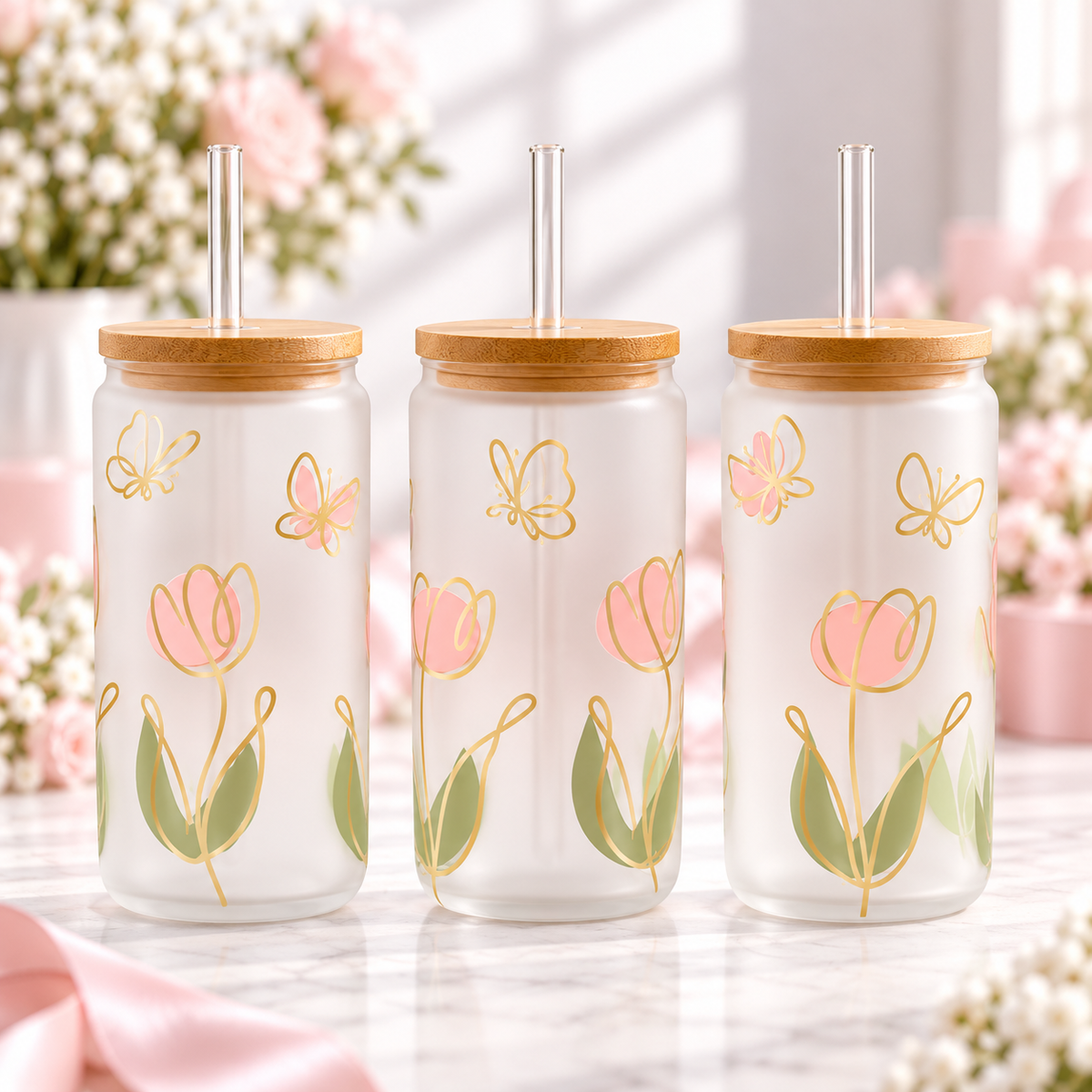 Pink Tulip & Butterfly Glass Can with Bamboo Lid & Glass Straw — frosted; complementary views of one product