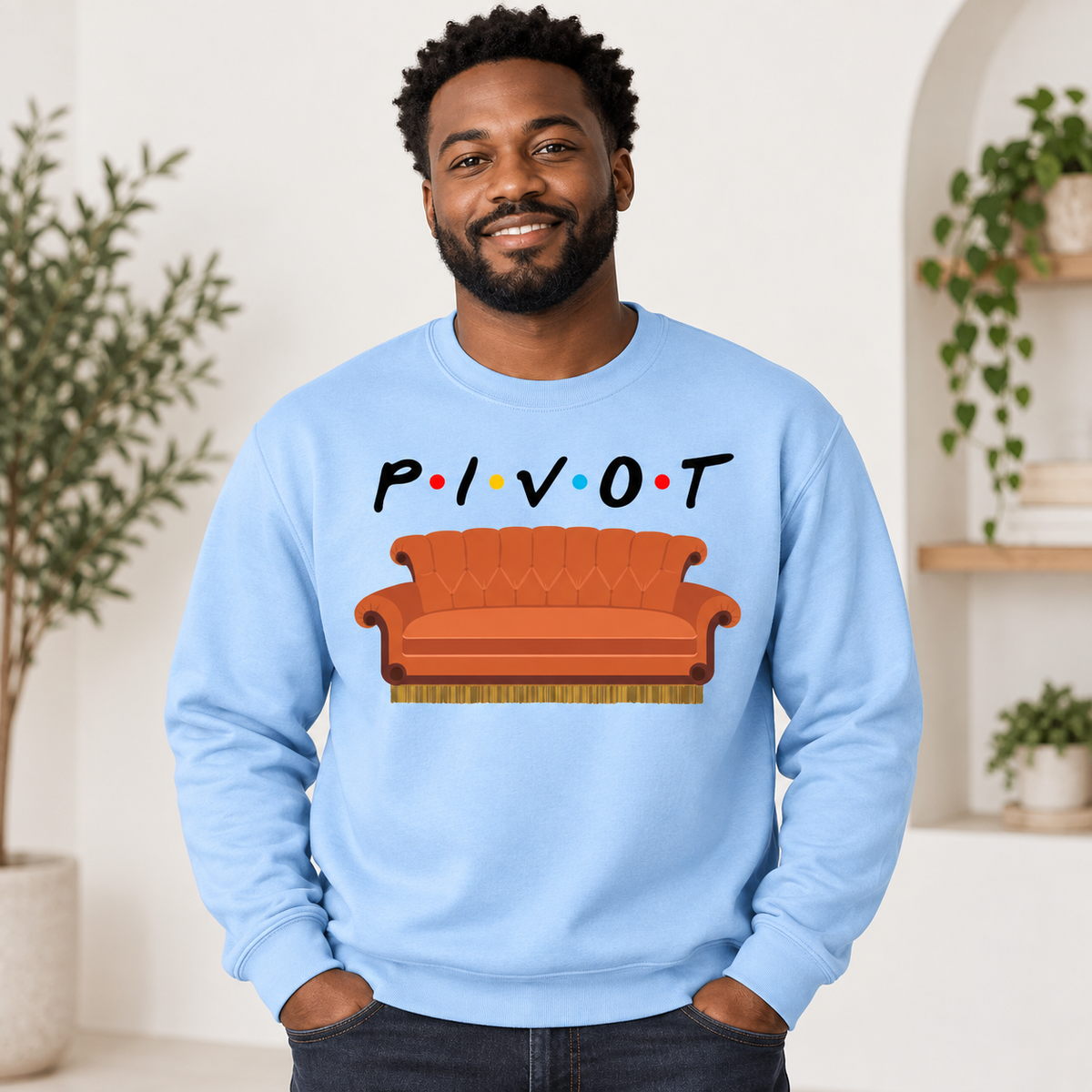 Pivot Couch graphic on Light Blue Crewneck