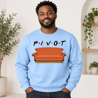 Pivot Couch graphic on Light Blue Crewneck