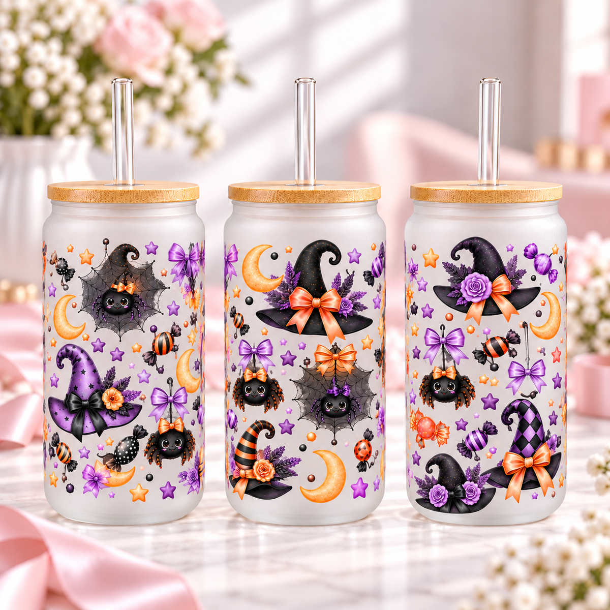 Purple Witch Hats & Spiders Halloween Glass Can Tumbler — frosted; complementary views of one product