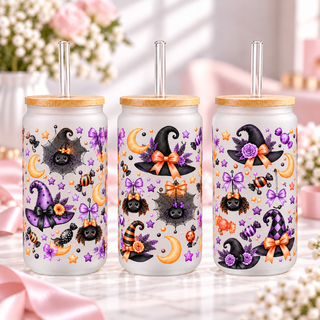 Purple Witch Hats & Spiders Halloween Glass Can Tumbler — frosted; complementary views of one product