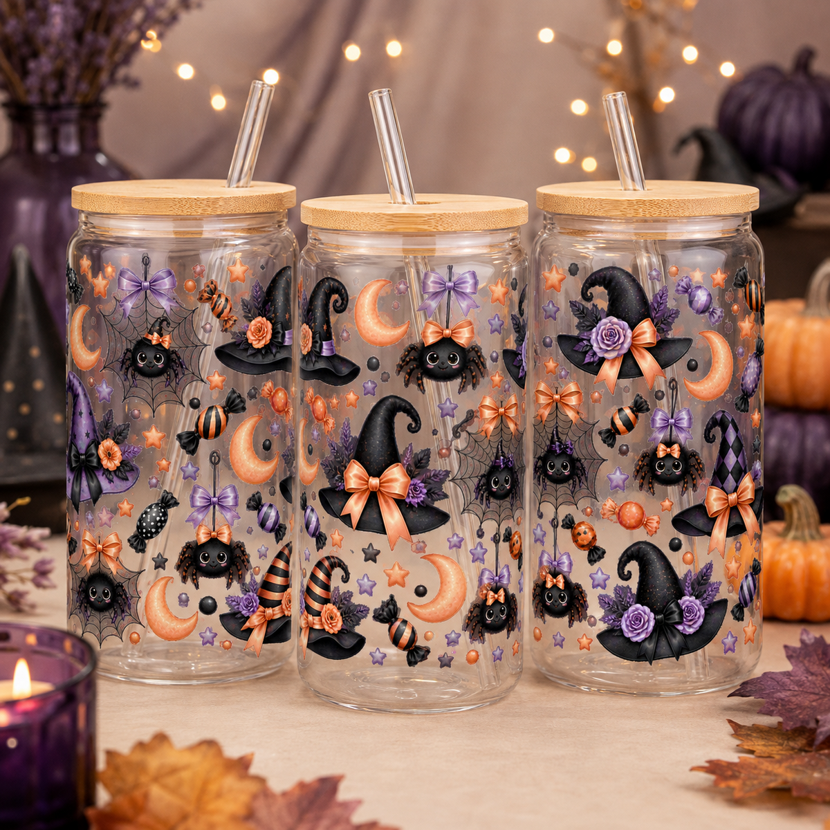 Purple Witch Hats & Spiders Halloween Glass Can Tumbler – alternate lifestyle view