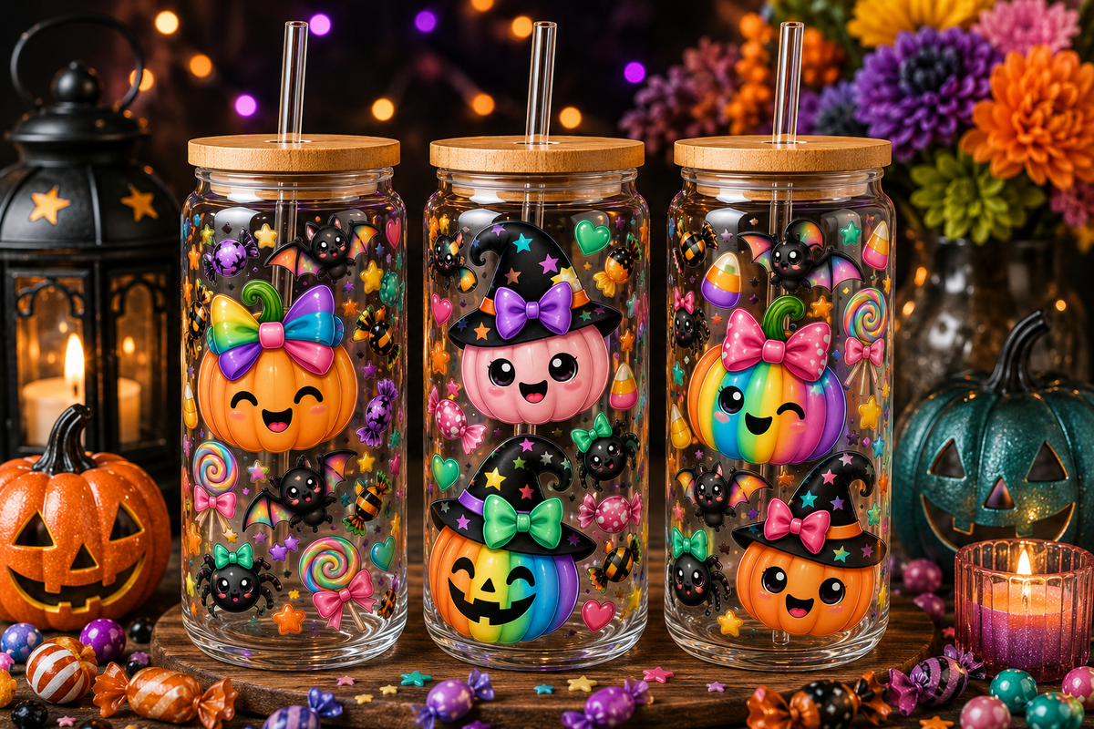 Rainbow Kawaii Pumpkin Halloween Glass Can Tumbler – alternate lifestyle view