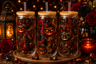 Red & Black Masquerade Halloween Glass Can Tumbler – alternate lifestyle view
