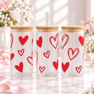 Red Hearts Glass Can with Bamboo Lid & Glass Straw — frosted; complementary views of one product
