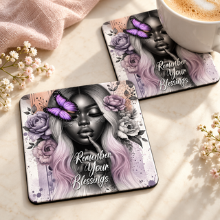 Remember Your Blessings Square coaster set of two with thin black rubber backing