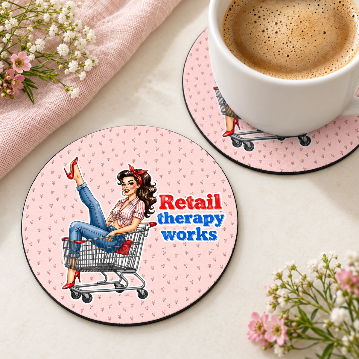 Retail Therapy Works round coaster set of two with thin black rubber backing