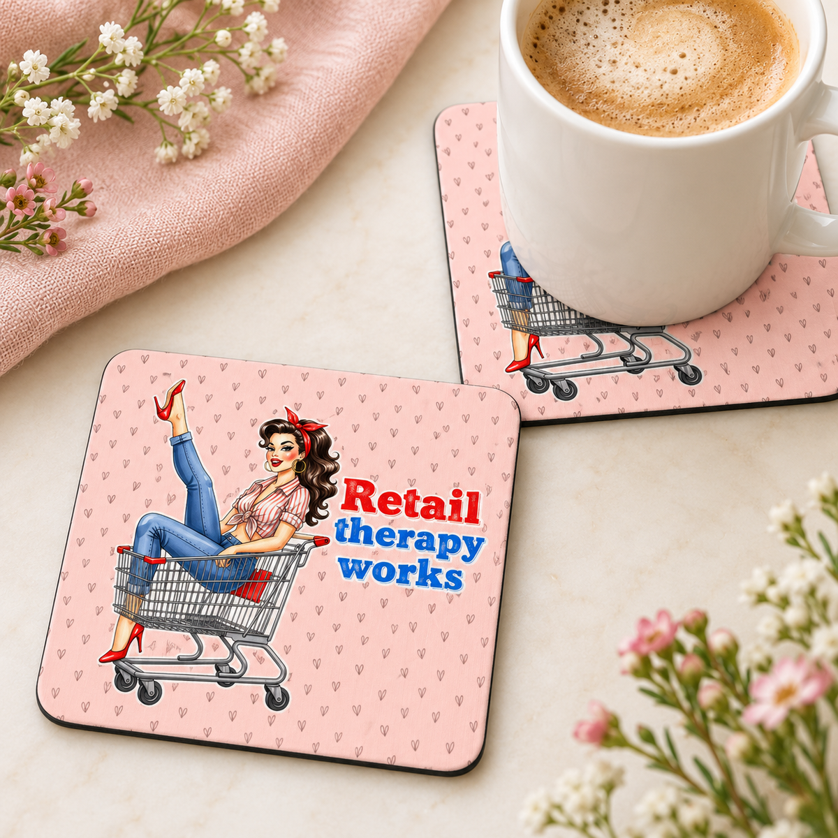 Retail Therapy Works square coaster set of two with thin black rubber backing