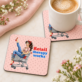 Retail Therapy Works square coaster set of two with thin black rubber backing