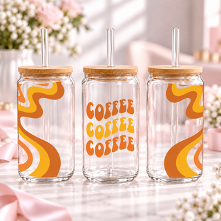 Retro Coffee Glass Can with Bamboo Lid & Glass Straw — clear; complementary views of one product