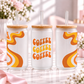 Retro Coffee Glass Can with Bamboo Lid & Glass Straw — frosted; complementary views of one product