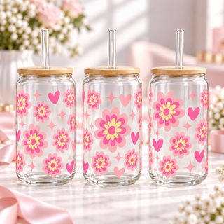 Retro Pink Blooms & Hearts clear 16oz glass can — three views; listing includes one cup