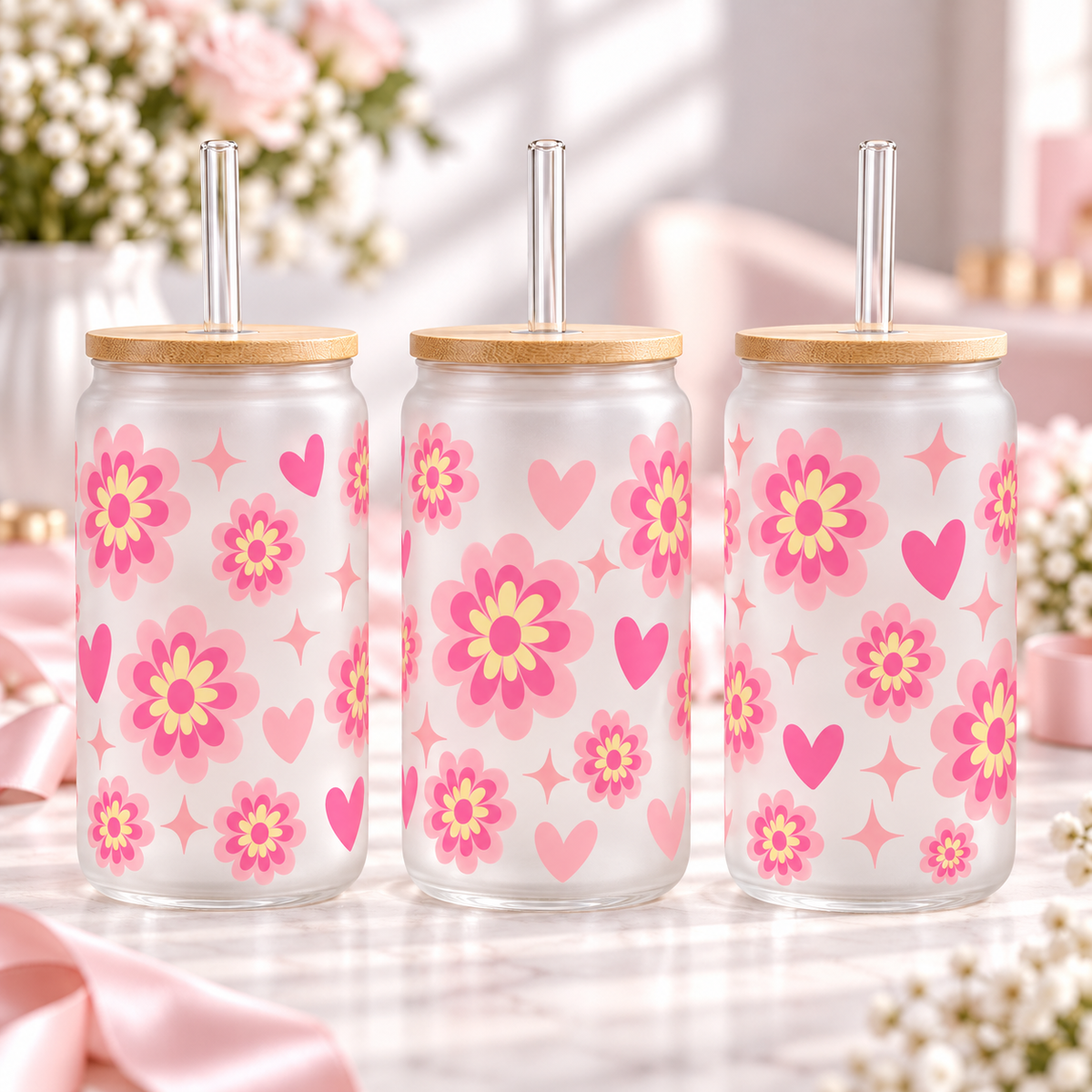 Retro Pink Blooms & Hearts frosted 16oz glass can — three views; listing includes one cup