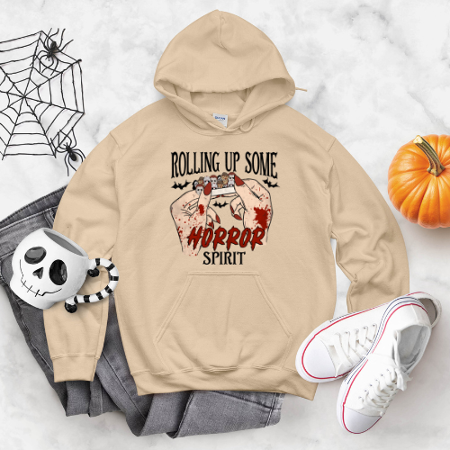 Rolling Up Some Horror Spirit design on a beige hoodie