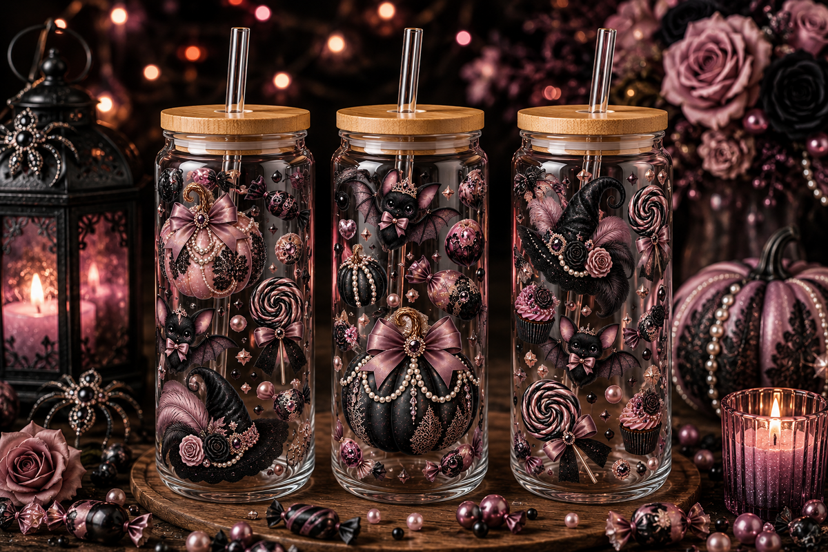 Rose Gold Gothic Halloween Glass Can Tumbler – alternate lifestyle view