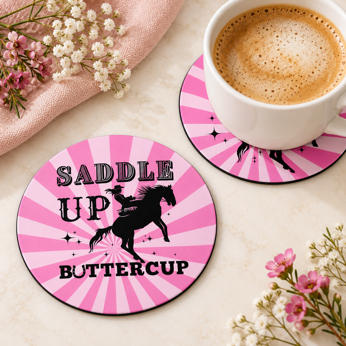 Saddle Up Buttercup round coaster set of two with thin black rubber backing