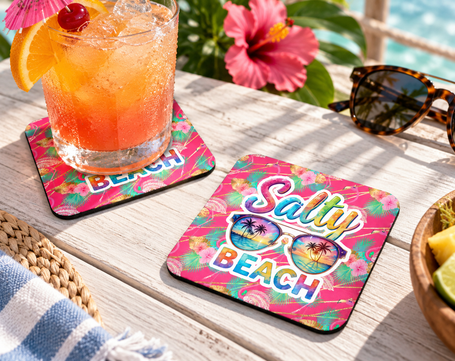 Salty Beach Coaster – Tropical Flamingo Coastal Drink Decor