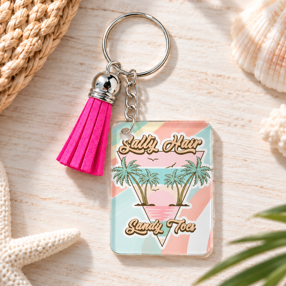 Salty Hair Sandy Toes keychain with hot pink tassel