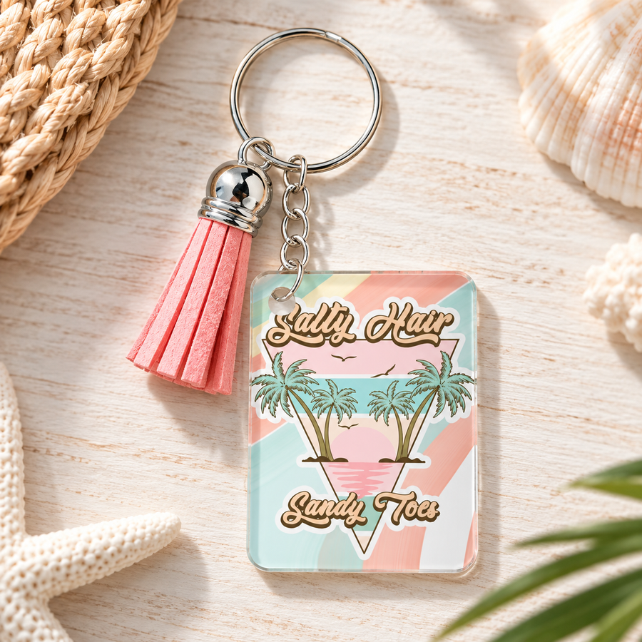 Salty Hair, Sandy Toes Acrylic Keychain – Beach Gift