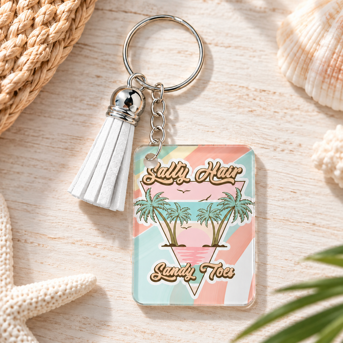 Salty Hair Sandy Toes keychain with white tassel