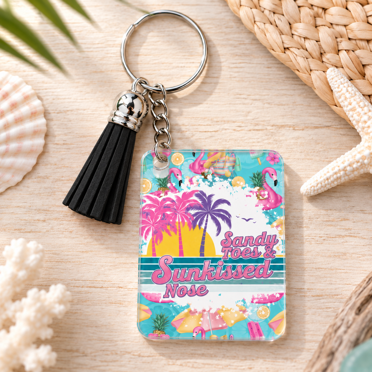 Sandy Toes Sunkissed Nose keychain with black tassel