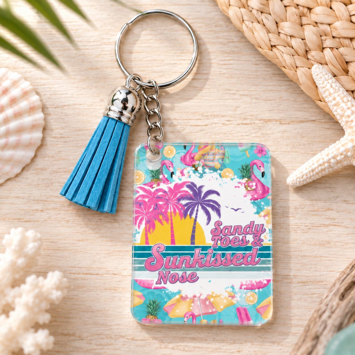Sandy Toes Sunkissed Nose keychain with blue tassel