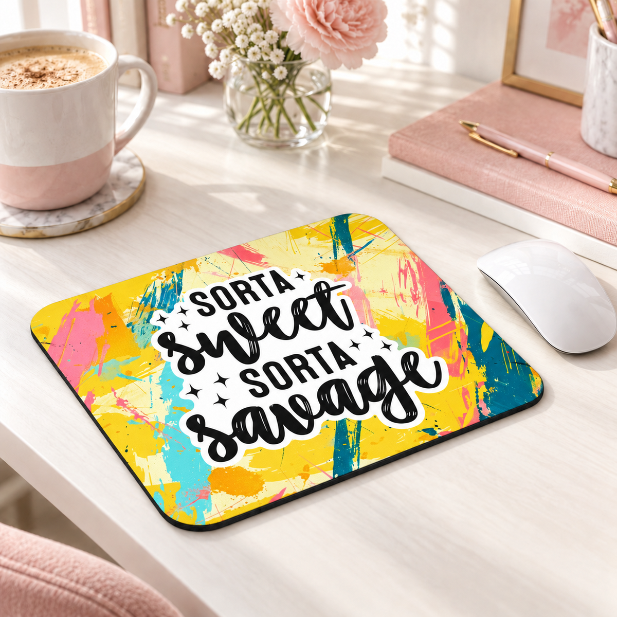 Sorta Sweet Sorta Savage mouse pad with yellow, pink and teal paint strokes