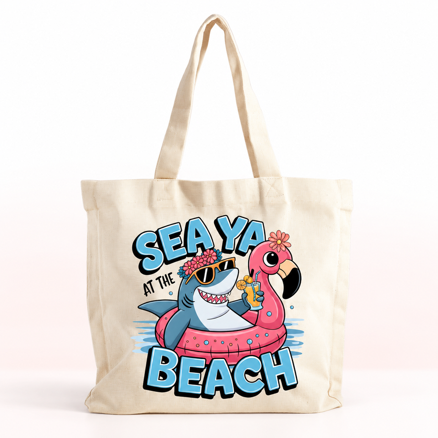 Seaya at the Beach Shark Tote – Funny Flamingo Summer Bag