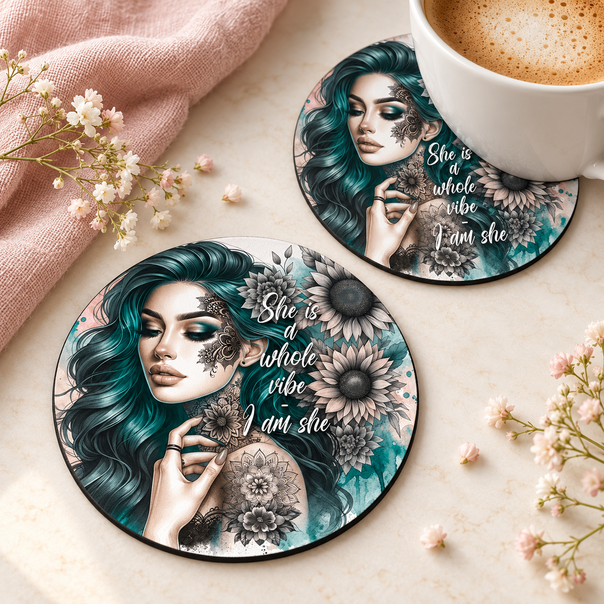She is a whole vibe - I am she Round coaster set of two with thin black rubber backing