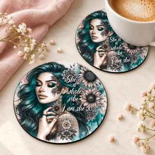 She is a whole vibe - I am she Round coaster set of two with thin black rubber backing