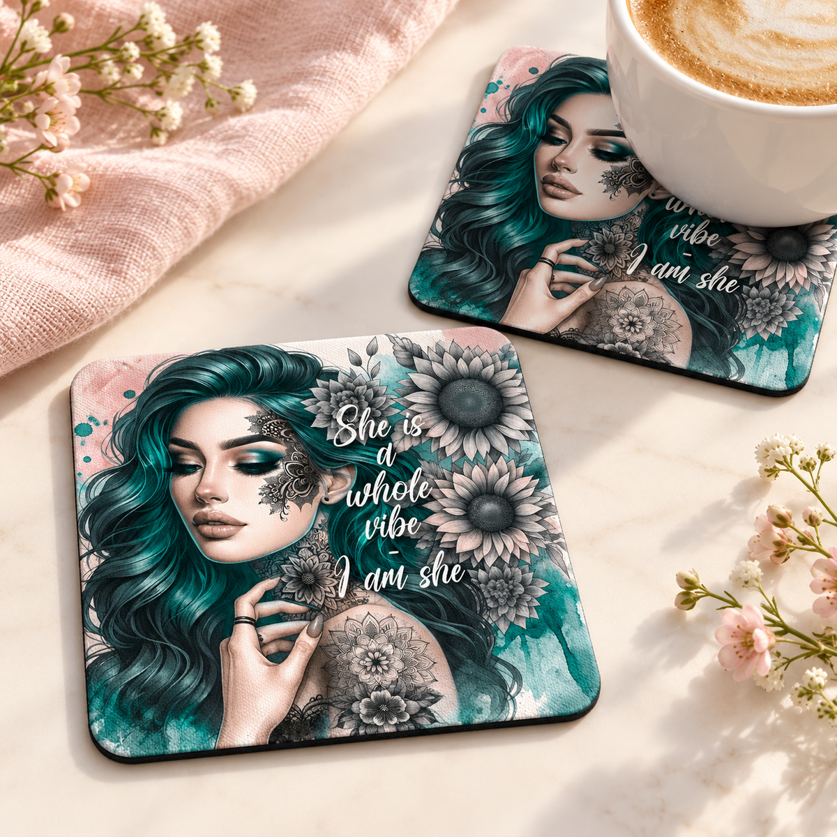 She is a whole vibe - I am she Square coaster set of two with thin black rubber backing