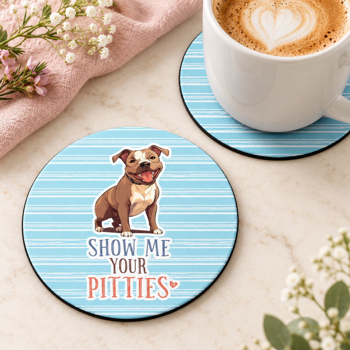 Show Me Your Pitties round coaster set of two with thin black rubber backing