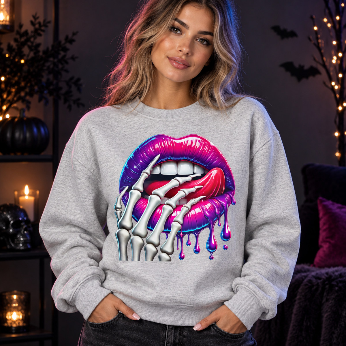 Model wearing Skeleton Kiss Halloween crewneck