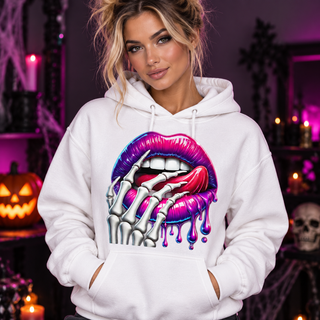 Model wearing Skeleton Kiss Halloween hoodie