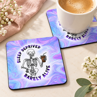 Sleep Deprived Barely Alive square coaster set of two with thin black rubber backing