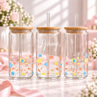 Spring Floral Glass Can with Bamboo Lid & Glass Straw — clear; complementary views of one product