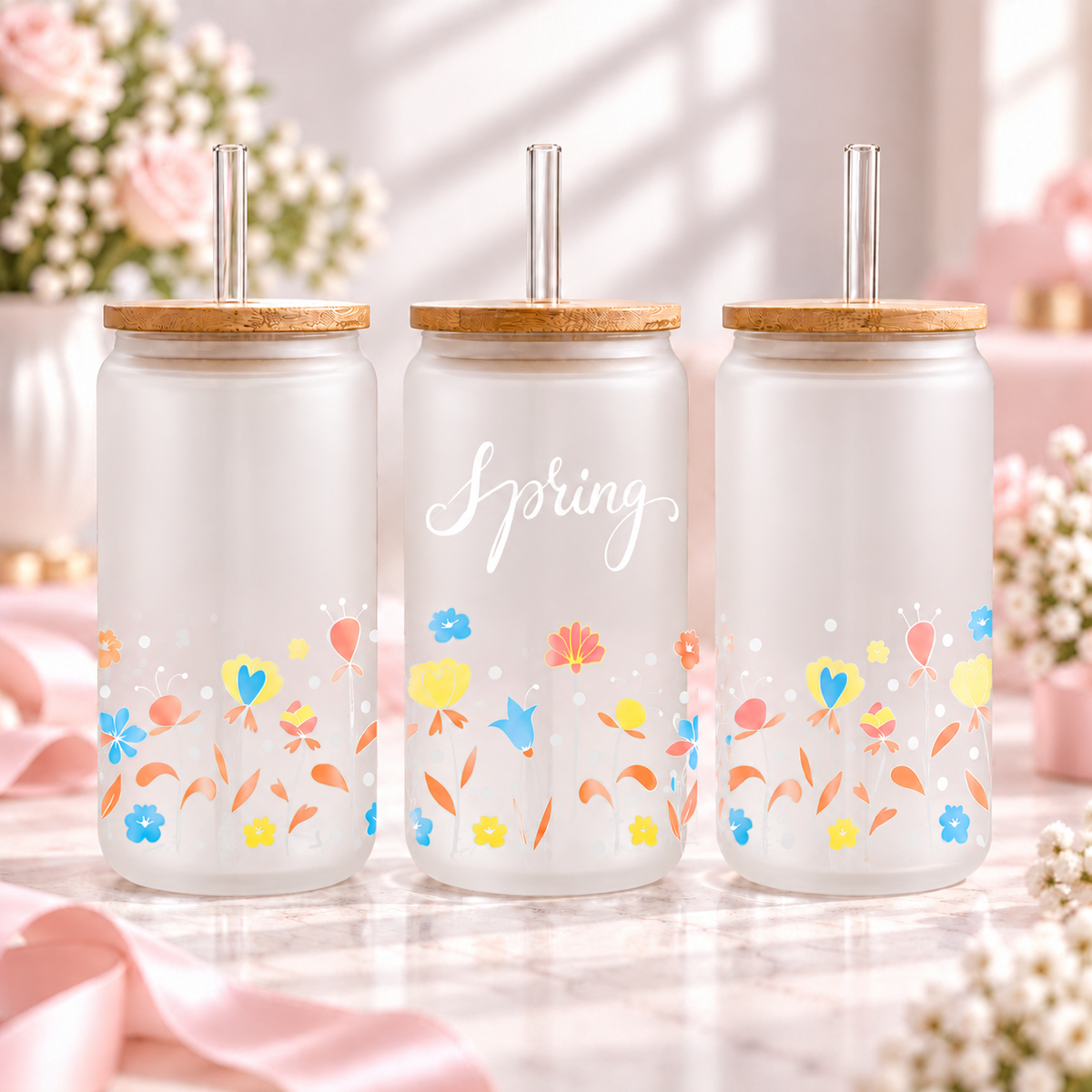 Spring Floral Glass Can with Bamboo Lid & Glass Straw — frosted; complementary views of one product