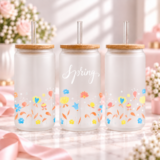 Spring Floral Glass Can with Bamboo Lid & Glass Straw — frosted; complementary views of one product