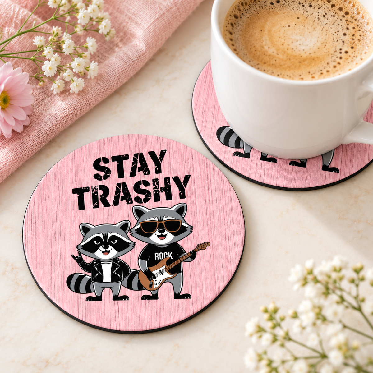 Stay Trashy Raccoons round coaster set of two with thin black rubber backing