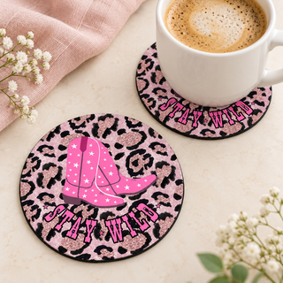 Stay Wild round coaster set of two with thin black rubber backing