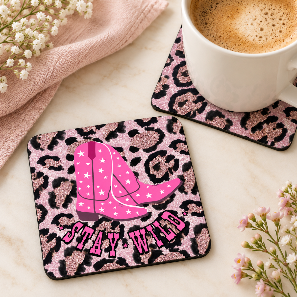 Stay Wild square coaster set of two with thin black rubber backing