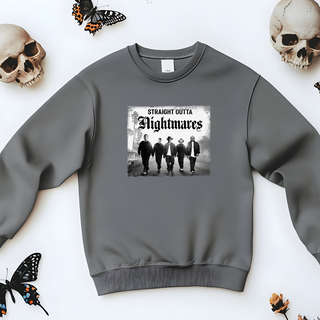 Straight Outta Nightmares design on a grey crewneck sweatshirt